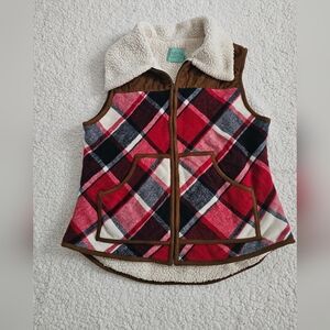 Judith March SzL Zip Vest Red,Black,White & Brown SuedeLike Accents,FrontPockets
